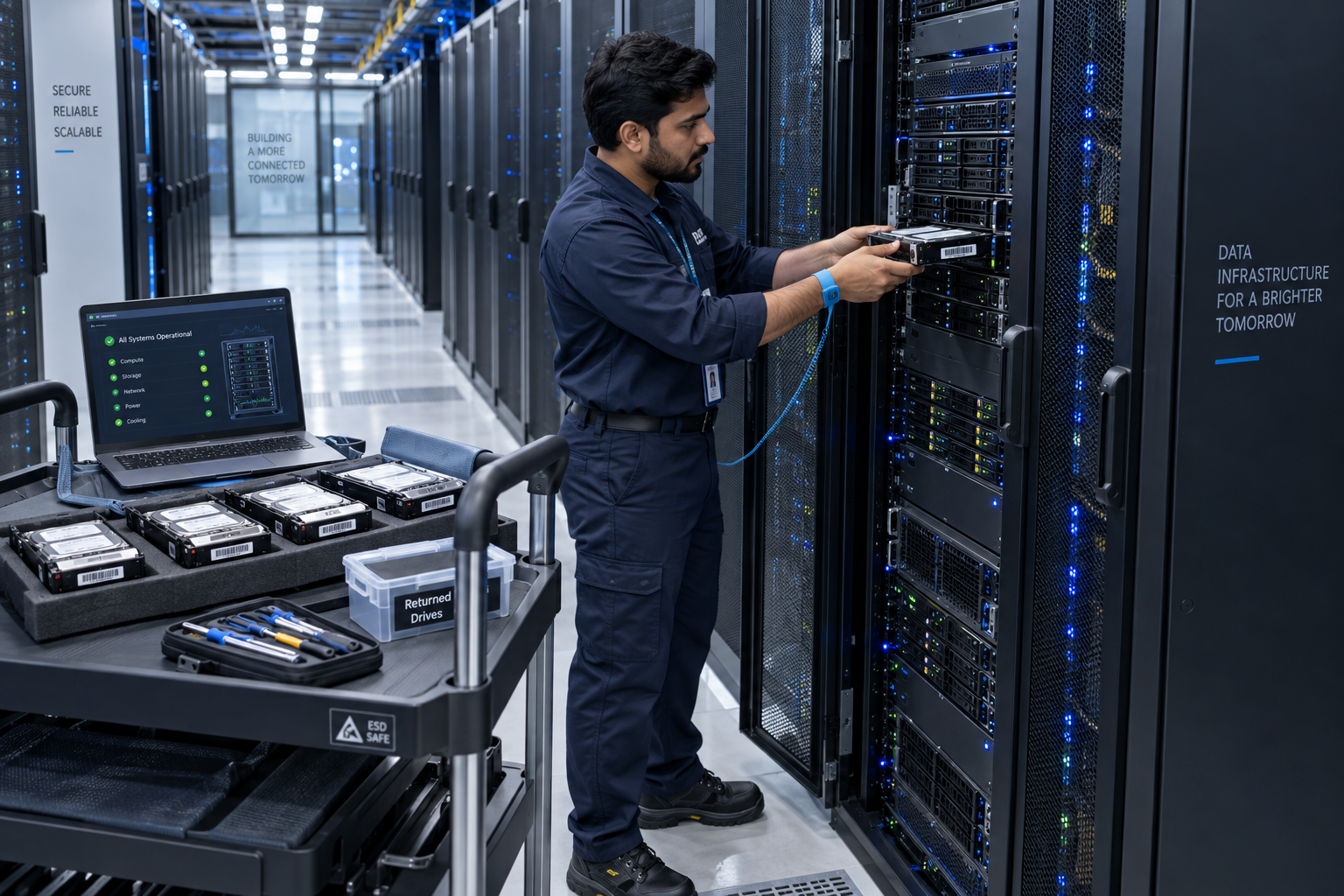 Illustration of a technician servicing equipment in a server room